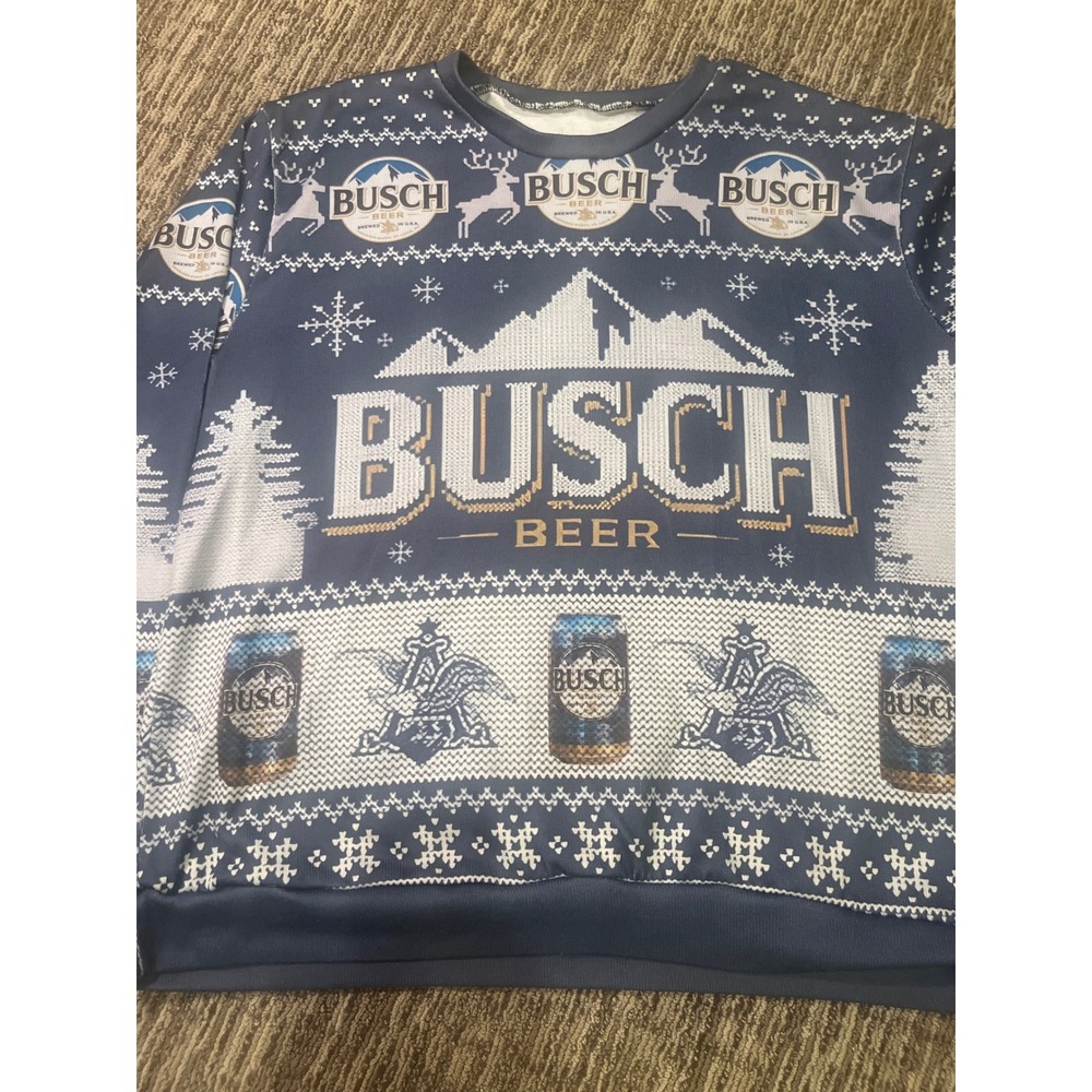 Busch Beer Ugly Christmas Sweater Mens XL Navy Blue Holiday Graphic Sweatshirt